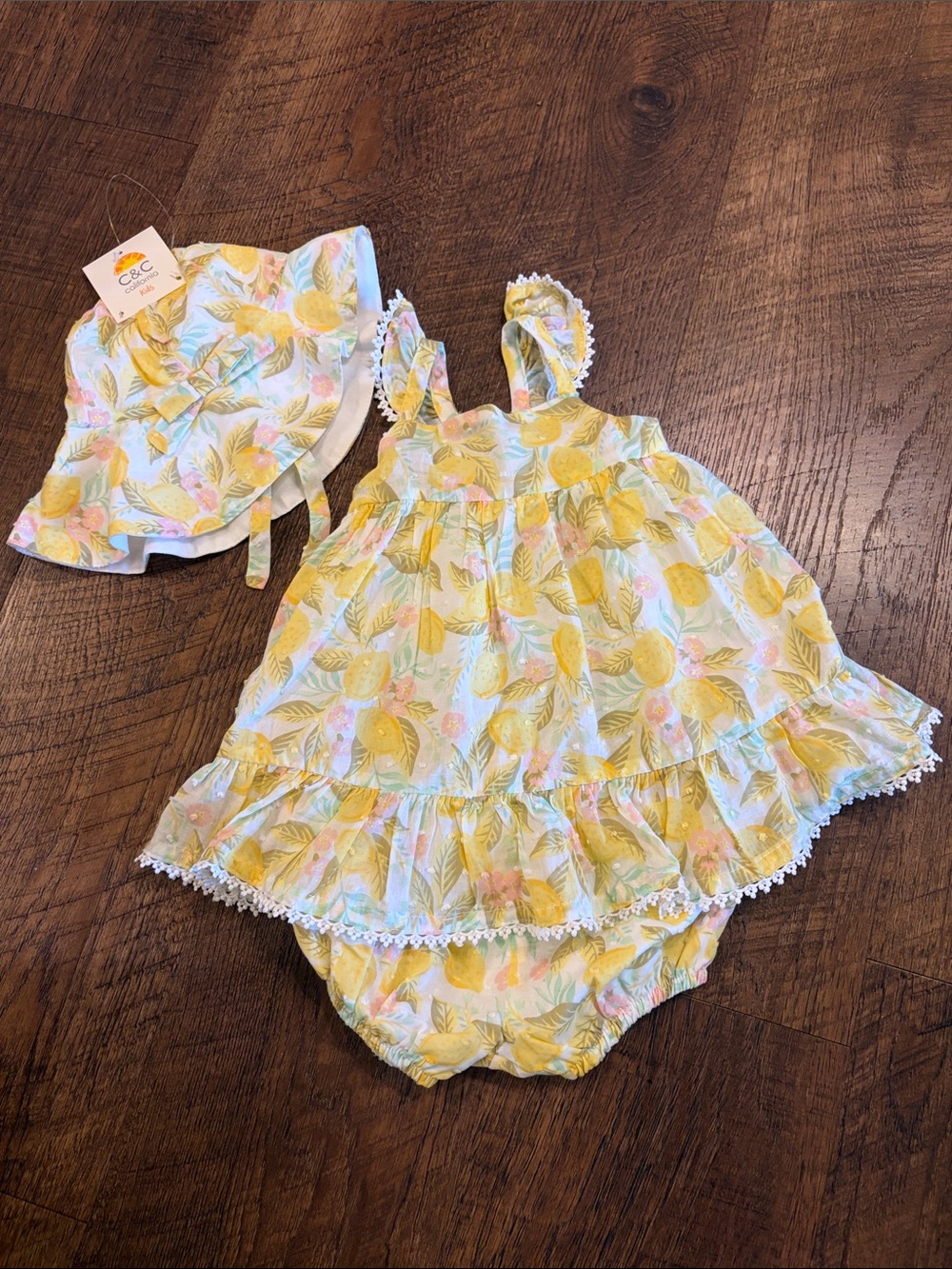 C&C California Yellow Lemon Print Baby Dress, Bloomers, & Hat Set